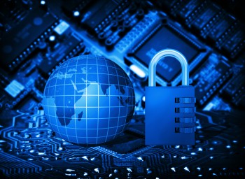 Futuristic integrated circuit, code lock and globe. The concept of electronic security